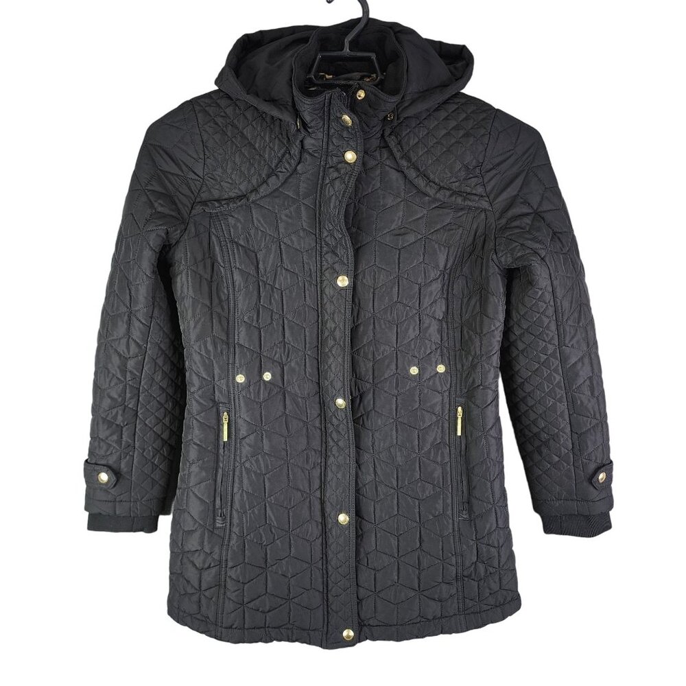 Womens Black Weatherproof Quilted Hooded Jacket w/ Floral Lining Full Zip Size M